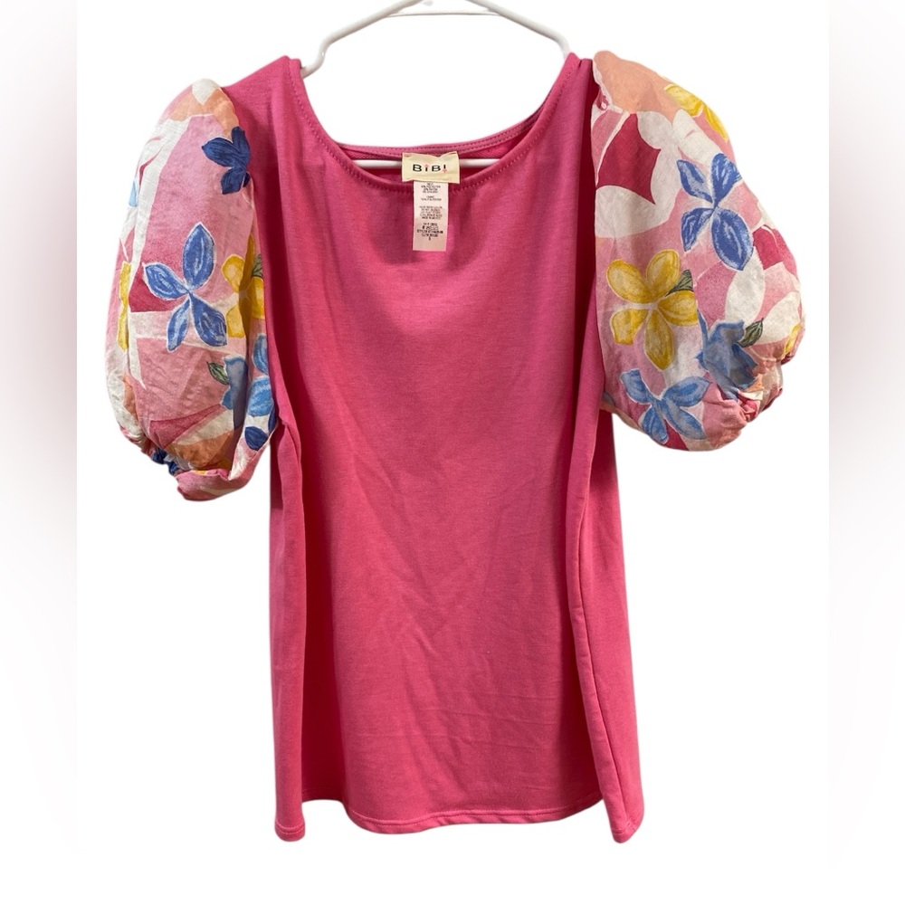 BiBi Pink Blouse with Multicolor Puff Sleeves